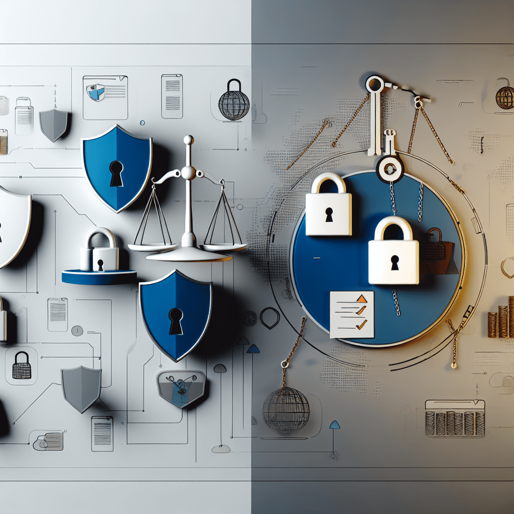 Visual representation of digital security featuring scales and padlocks on a circuit board background.