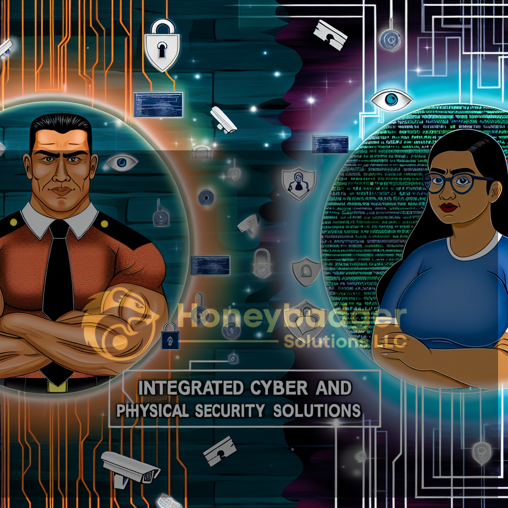 Illustration showing two figures within blue and orange circular halos representing integrated cyber and physical security, featuring digital icons, shields, and circuitry