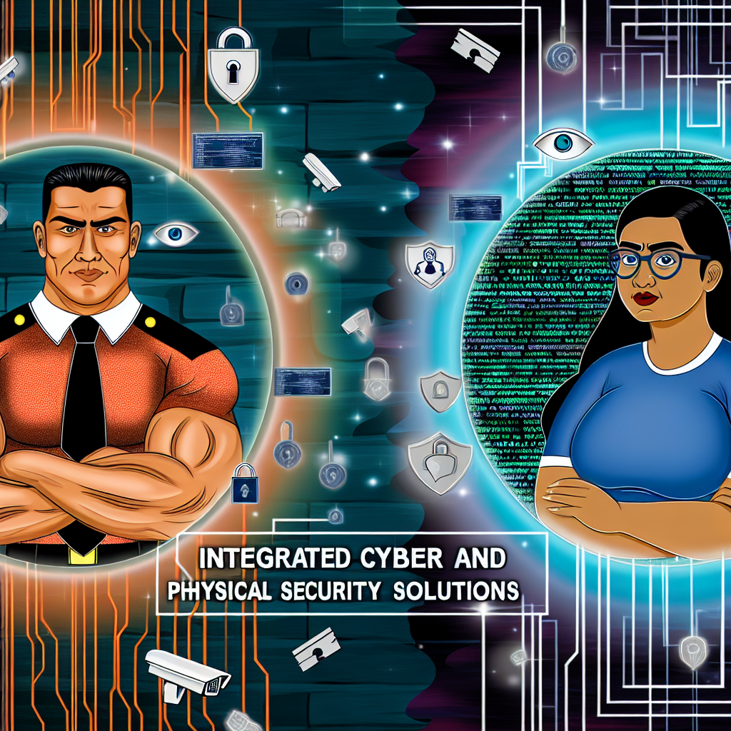 Illustration showing two figures within blue and orange circular halos representing integrated cyber and physical security, featuring digital icons, shields, and circuitry