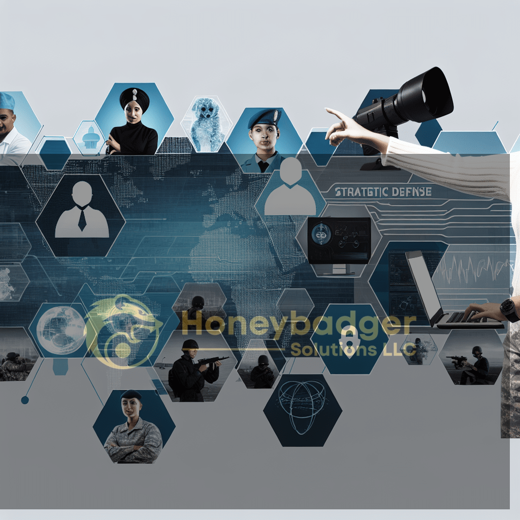 Blue hexagonal digital grid with global imagery and security icons, featuring tactical figures and a hand with a camera lens, representing Integrated Cyber and Physical Security Solutions by Honeybadger Solutions.