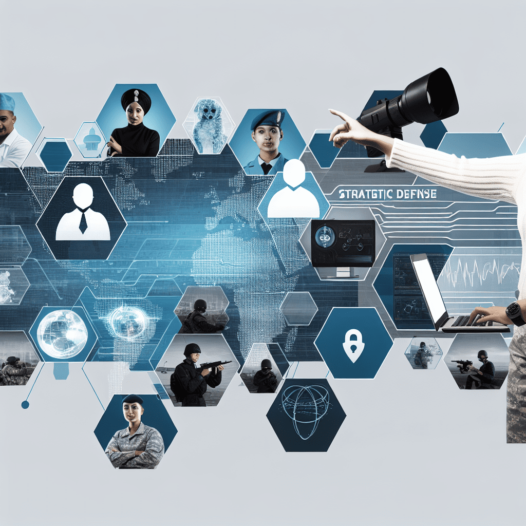 Blue hexagonal digital grid with global imagery and security icons, featuring tactical figures and a hand with a camera lens, representing Integrated Cyber and Physical Security Solutions by Honeybadger Solutions.