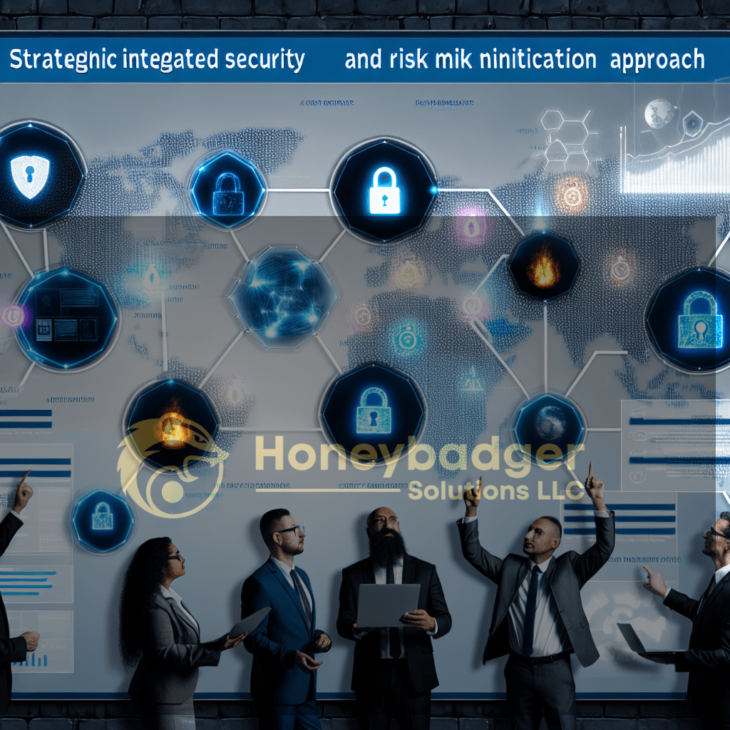 Group of diverse professionals in business attire analyzing a high-tech security network board with illuminated lock icons and a world map, blue visuals