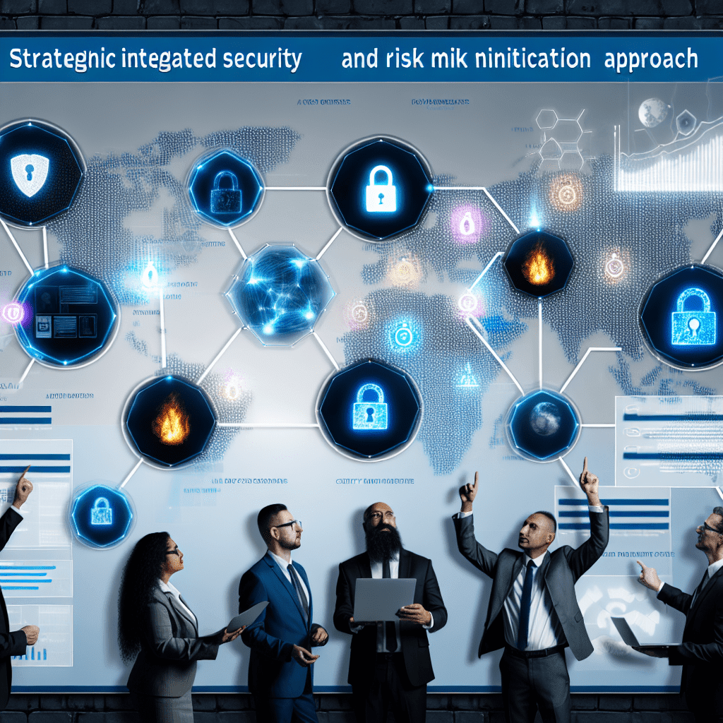 Group of diverse professionals in business attire analyzing a high-tech security network board with illuminated lock icons and a world map, blue visuals