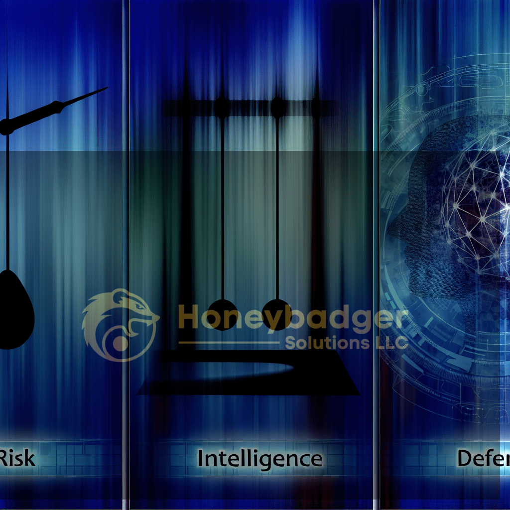 Blue abstract security artwork featuring a panel labeled Intelligence with symbols of risk and defense components, conveying a tech-forward security theme
