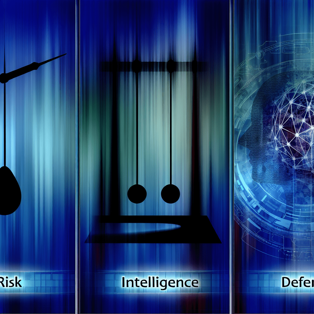 Blue abstract security artwork featuring a panel labeled Intelligence with symbols of risk and defense components, conveying a tech-forward security theme