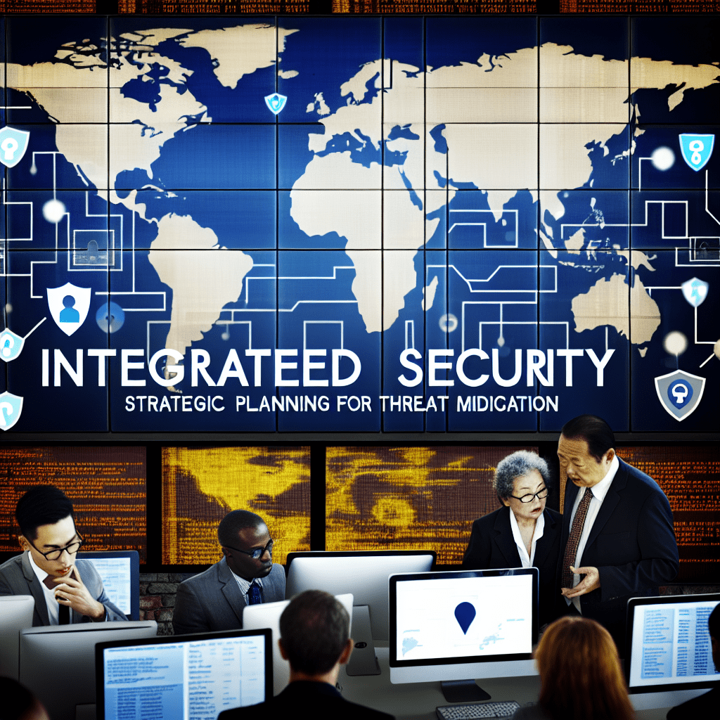 A digital display showing a world map with integrated security planning and threat mitigation strategies.