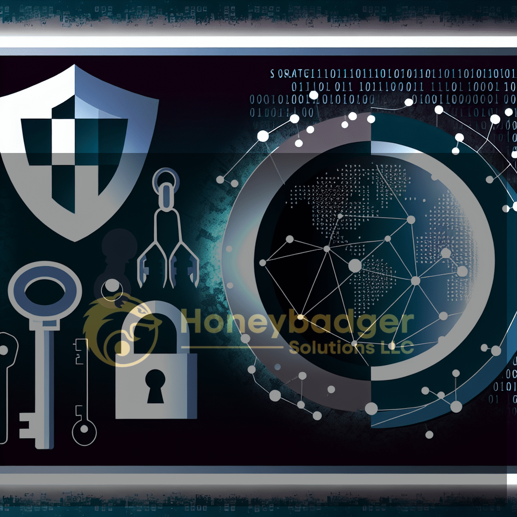 Graphic representation of digital security concepts featuring a globe, lock, key, and shield icons.