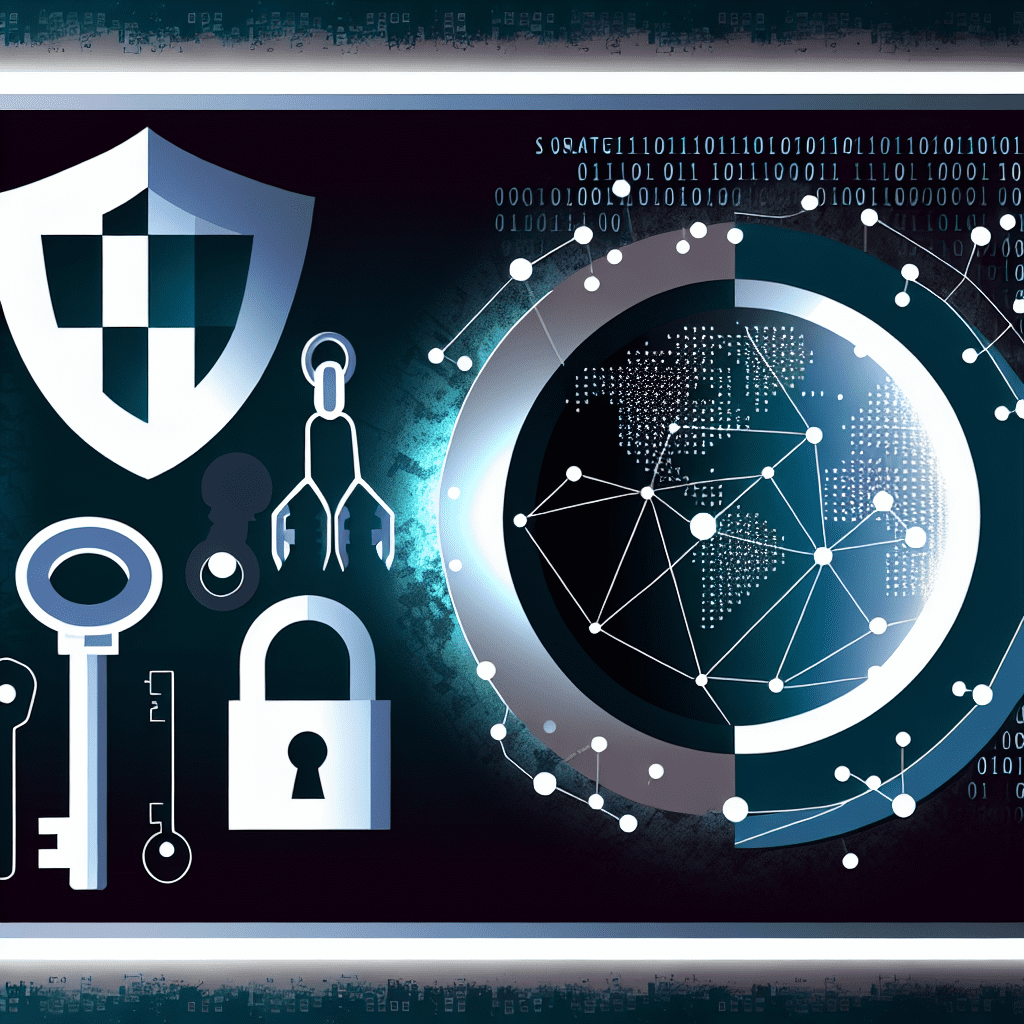 Graphic representation of digital security concepts featuring a globe, lock, key, and shield icons.