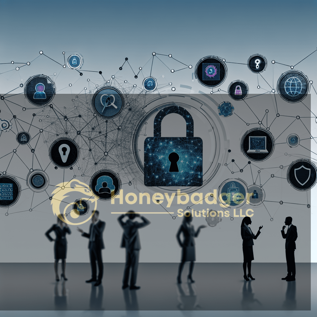 Silhouettes of business professionals in front of a digital security backdrop with padlock and icons.