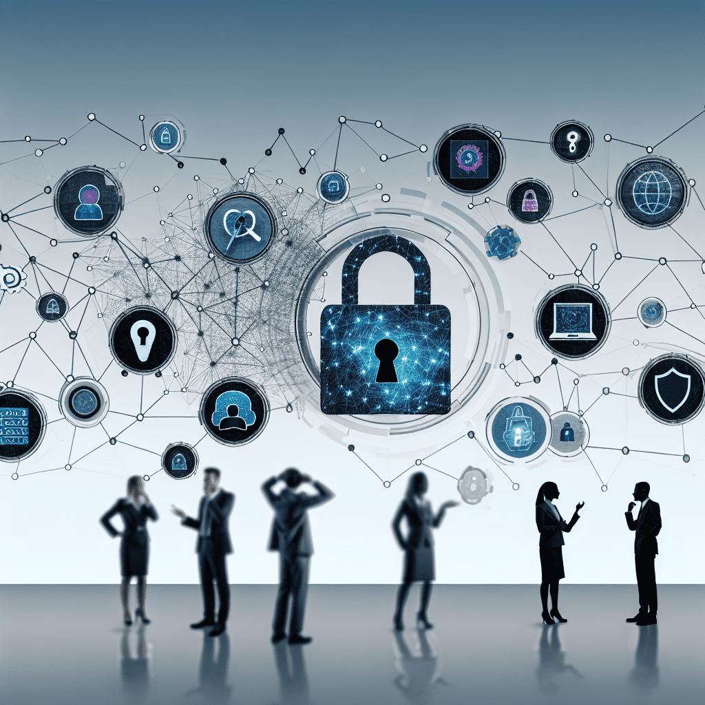 Silhouettes of business professionals in front of a digital security backdrop with padlock and icons.