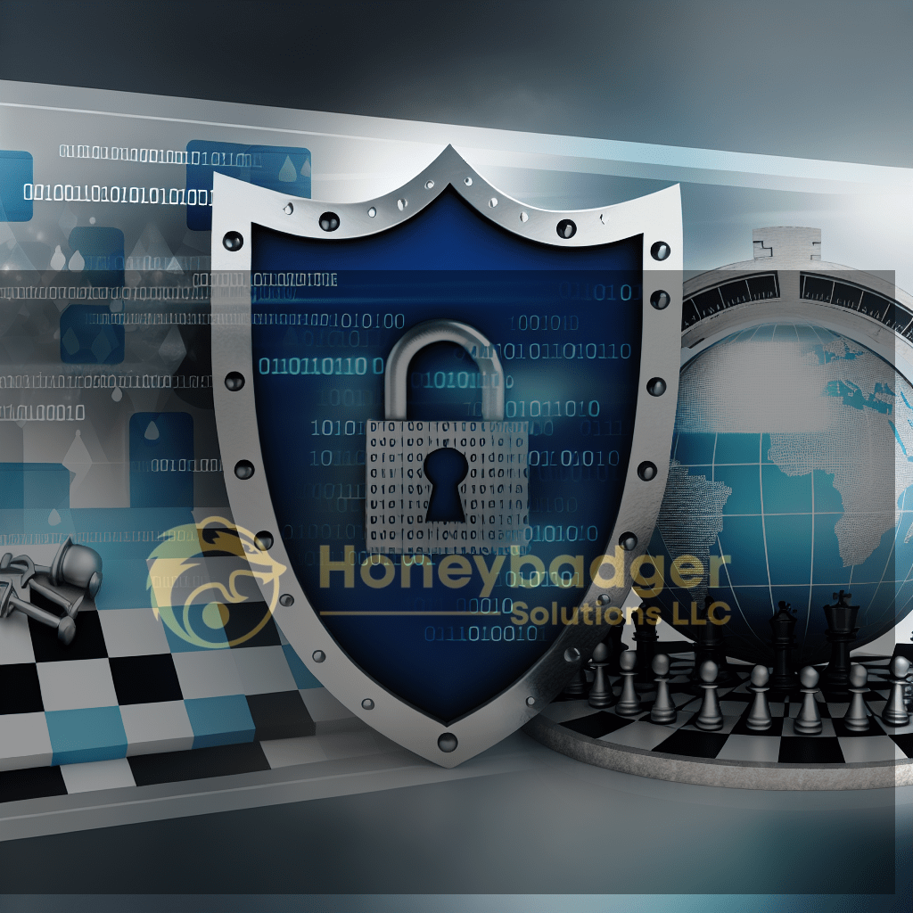 A digital security shield featuring a lock, binary code, and a chessboard with chess pieces.