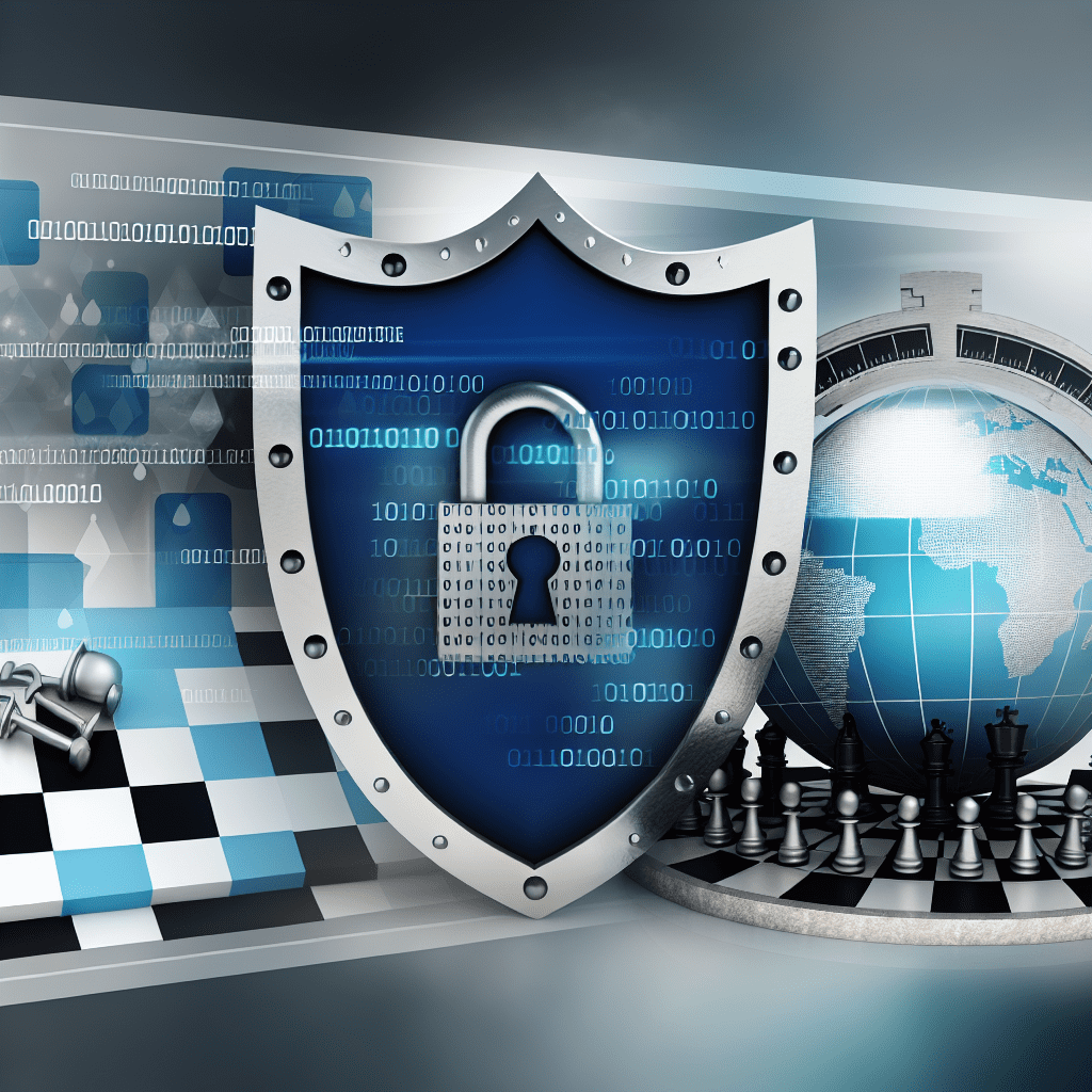 A digital security shield featuring a lock, binary code, and a chessboard with chess pieces.