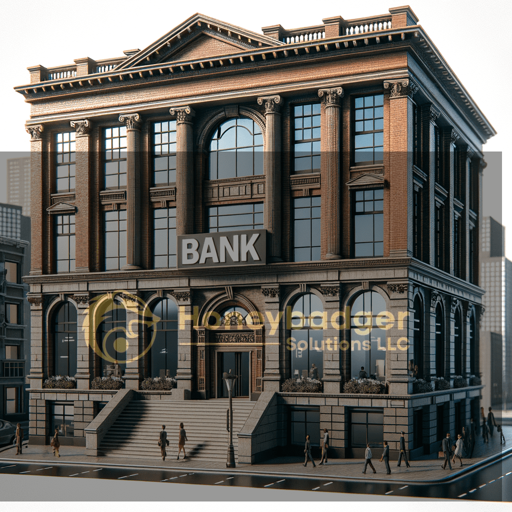 Brick neoclassical bank facade with “BANK” sign, tall columns, and large windows in Youngtown, Arizona, with Honeybadger Solutions LLC watermark.