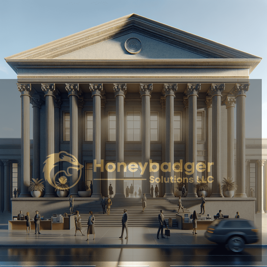 Tall neoclassical bank building with prominent columns in daylight, with Honeybadger Solutions LLC branding overlaid and a clear sense of security readiness