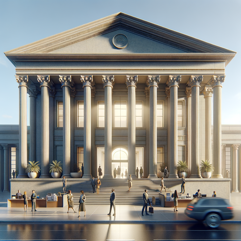 Tall neoclassical bank building with prominent columns in daylight, with Honeybadger Solutions LLC branding overlaid and a clear sense of security readiness