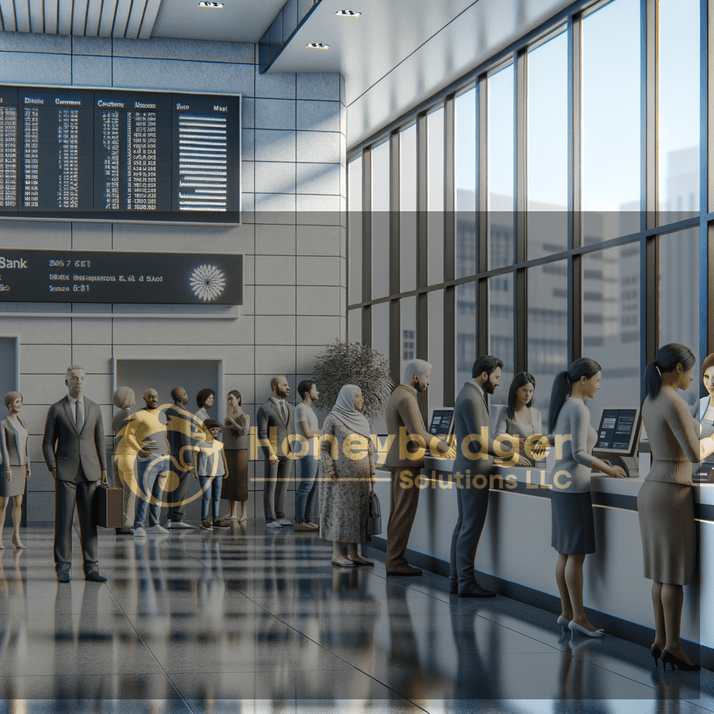 A modern bank lobby in Tolleson, Arizona with glass-fronted walls, customer service desks, and visible security-minded readiness for financial institutions.