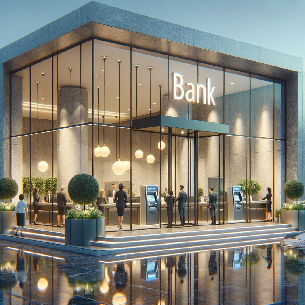 Modern bank branch exterior in Superior, Arizona, with glass frontage, ATM terminals, and customer activity reflecting strong financial institution security.
