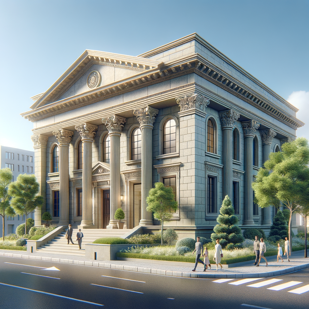 Neoclassical stone bank building with tall columns, set against a clear blue sky in Williams, Arizona, reflecting Elite Security and Honeybadger Solutions LLC.