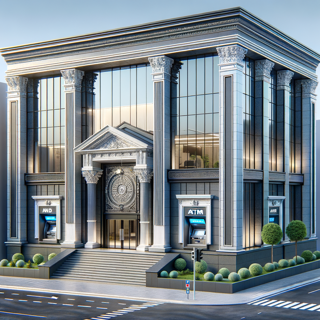 A bank exterior in Willcox, Arizona with a glass facade, tall stone columns, and daylight reflecting off the entrance area and steps.