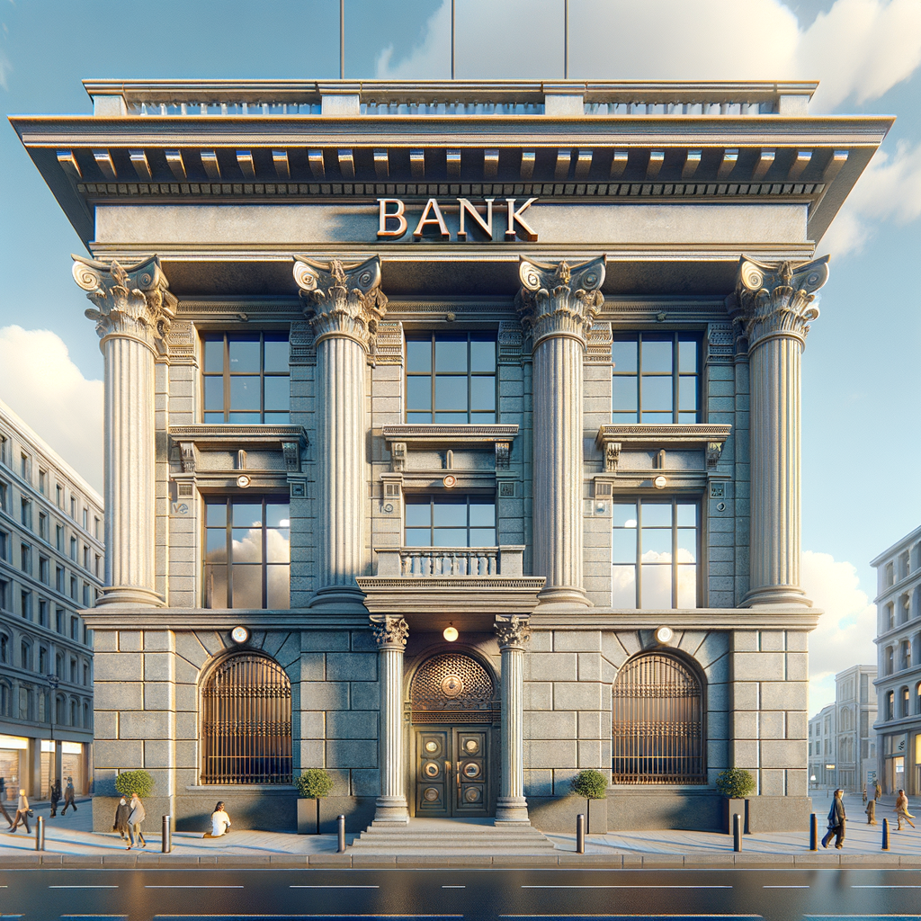 Bank security in Whiteriver, Arizona with a stone facade and tall columns, showing biometric and AI-driven protection for financial institutions.