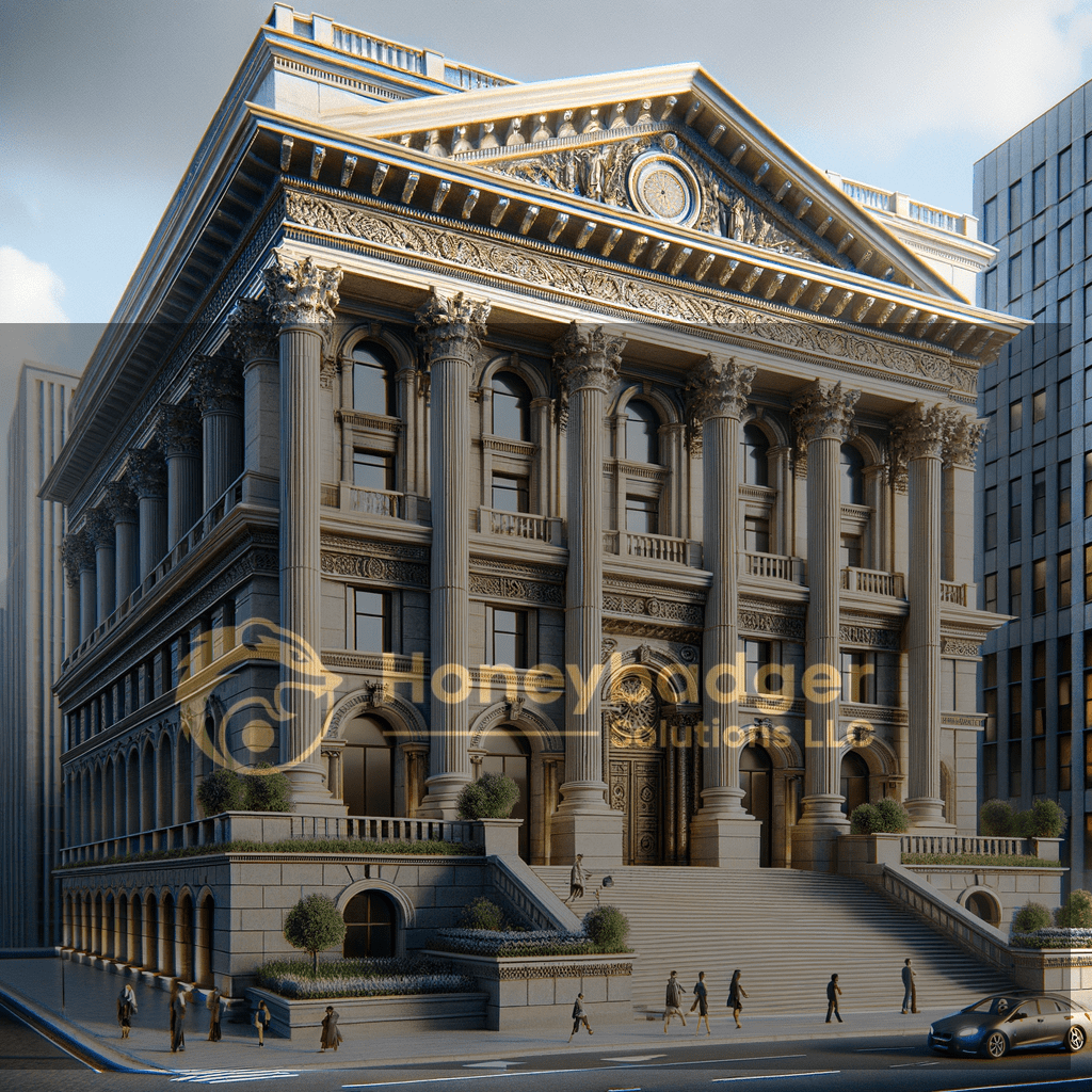 A neoclassical stone bank building with tall columns, supporting a stronger security posture for Tucson, Arizona financial institutions.