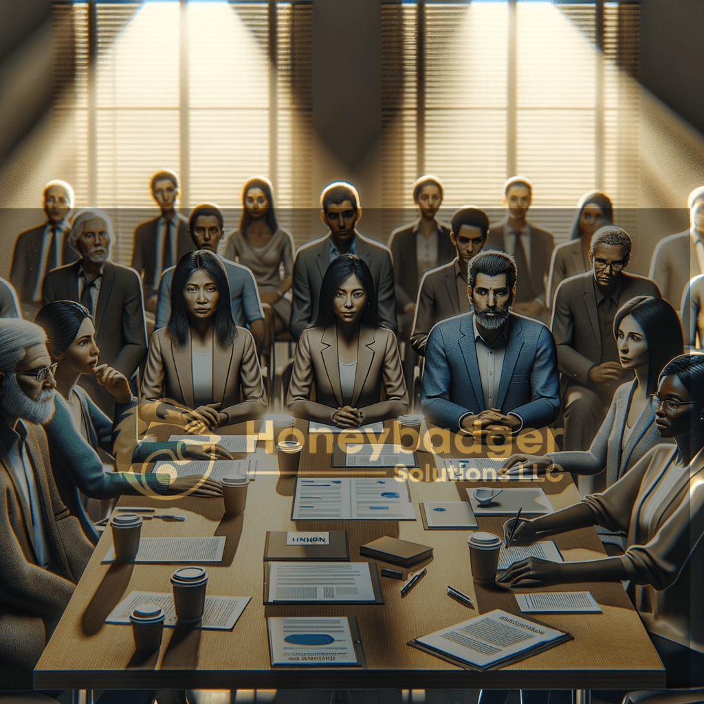 Honeybadger Solutions LLC leads a security planning meeting with professionals in a brown-toned conference room in Youngtown, hosting an HOA-focused session