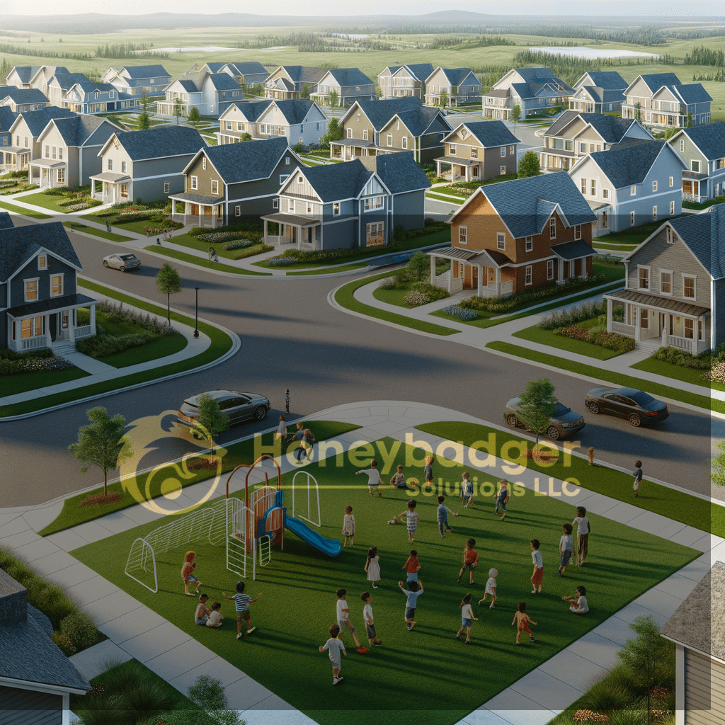 Aerial view of a suburban neighborhood in Bisbee, Arizona with green lawns, blue-roof homes, and residents near a community play area.