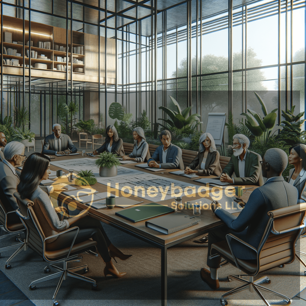 In Anthem, Arizona, Honeybadger Solutions LLC leads an HOA security services meeting in a modern glass-walled office with staff around a table discussing protocols