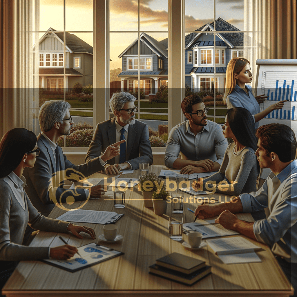 During an HOA security briefing in Topawa, Arizona, a Honeybadger Solutions LLC team reviews blue charts near large windows and homes outside.