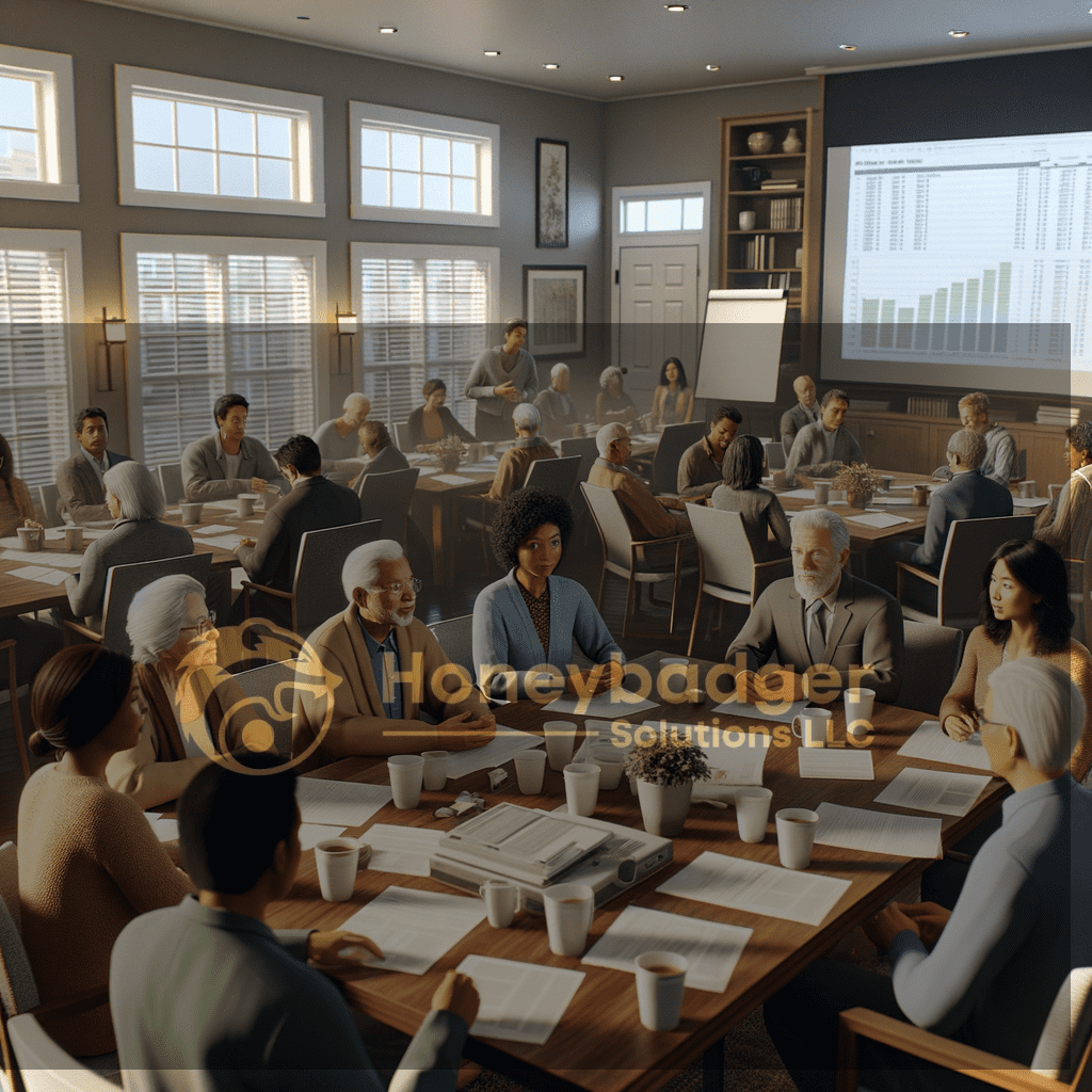 HOA residents and professionals review security plans in a bright conference room for Honeybadger Solutions LLC HOA security services in Tolleson, Arizona.