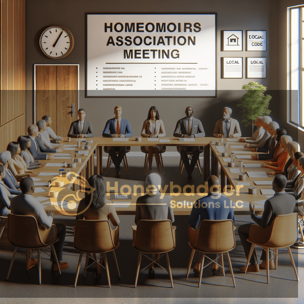 Boardroom HOA meeting with formal attendees in suits, a meeting screen reading “HOMEOWNERS ASSOCIATION MEETING,” indoors in Tempe, Arizona.