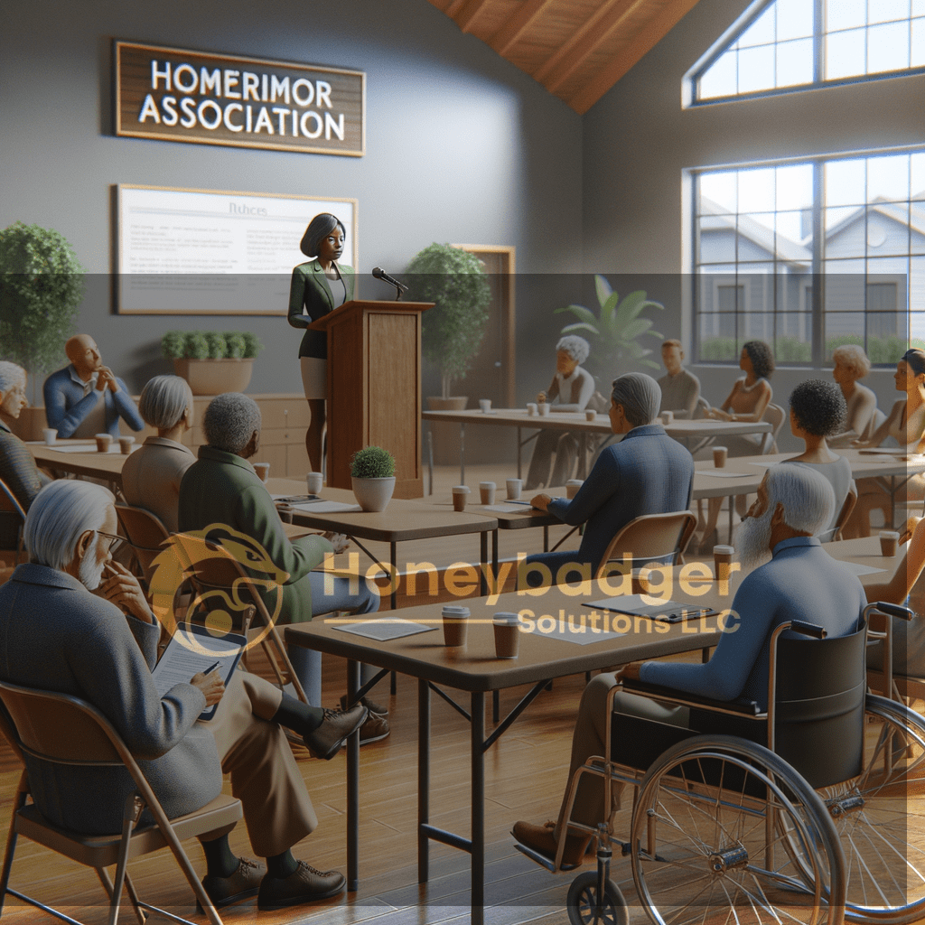 At an indoor meeting in Taylor Arizona, Honeybadger Solutions LLC discusses HOA security services with residents in a room with a wooden podium and surveillance signage.