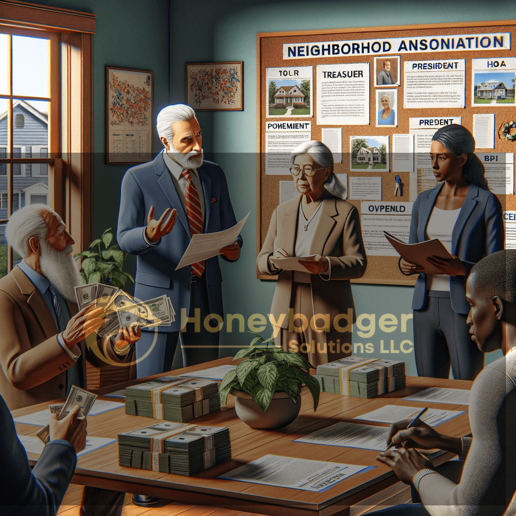 Inside an HOA meeting room in Surprise, Arizona, business-attired residents review plans on a bulletin board with Honeybadger Solutions LLC guidance.