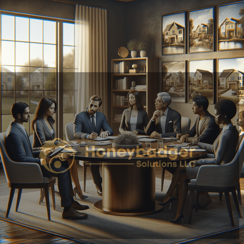 Professionals in formal attire meet in a conference room, discussing community security for Superior, Arizona under HOA oversight with Honeybadger Solutions LLC.