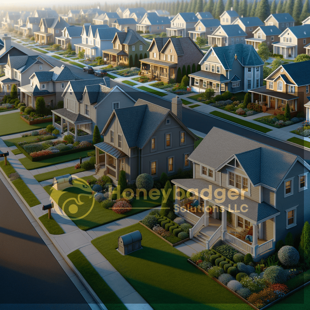 Aerial view of a suburban HOA neighborhood with closely spaced houses, manicured lawns, and winding streets; Honeybadger Solutions watermark appears across the scene