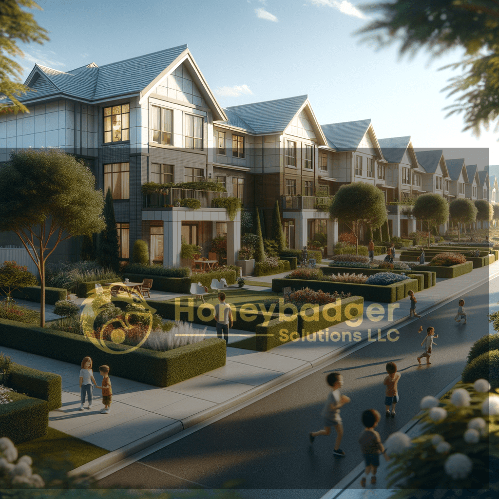 Sunlit, landscaped gated community with modern residences and a paved walkway, reflecting how HOA security services in Star Valley, Arizona help deter risk.