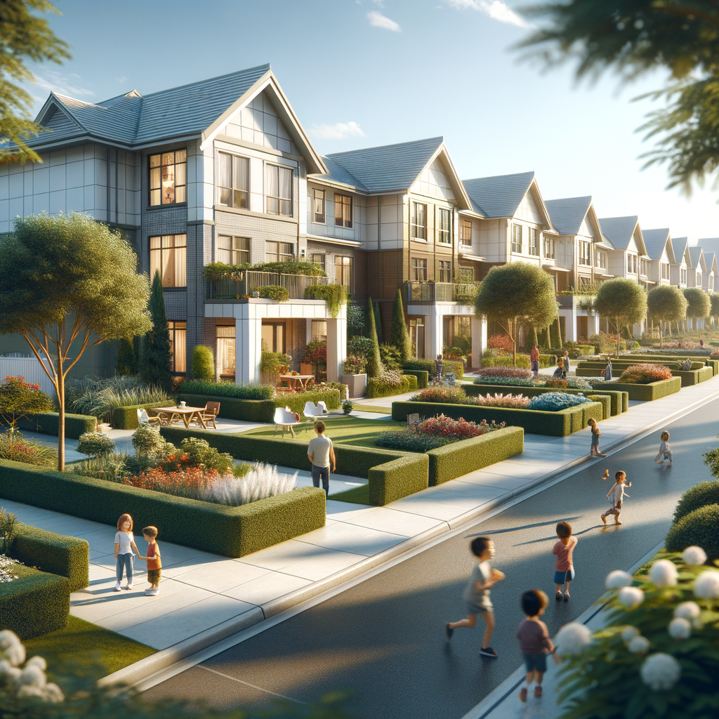 Sunlit, landscaped gated community with modern residences and a paved walkway, reflecting how HOA security services in Star Valley, Arizona help deter risk.