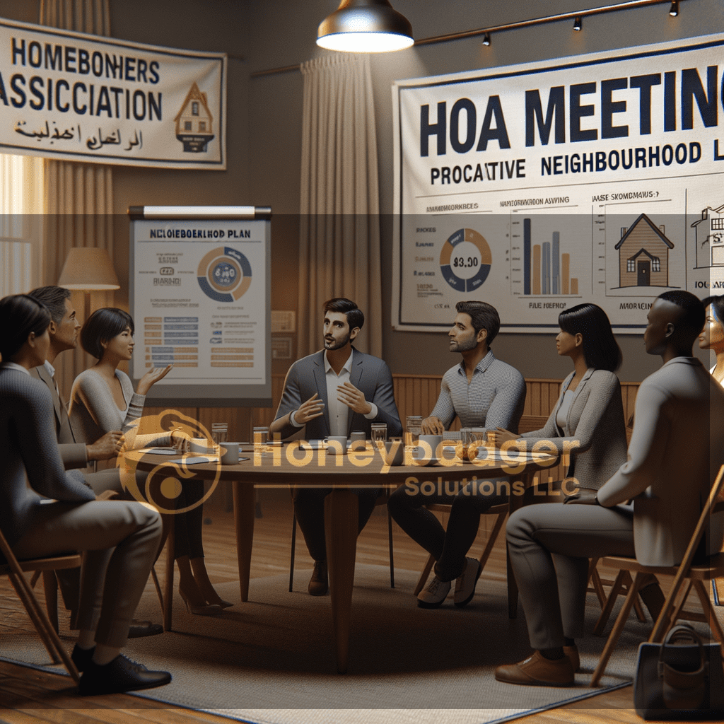 During an HOA meeting in St. Johns, Arizona, residents discuss security plans as Honeybadger Solutions presents access control and surveillance charts indoors.