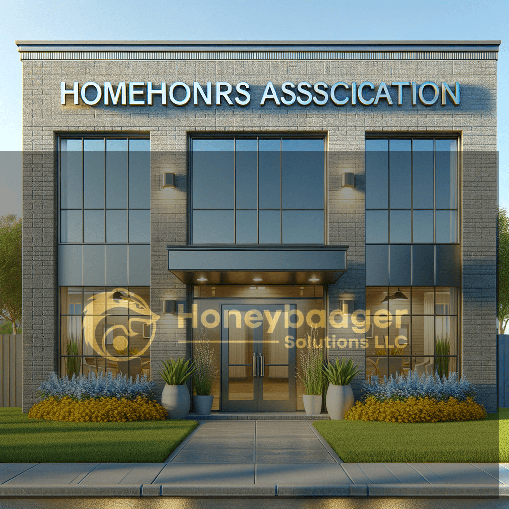 Homeowners Association building with blue glass facade and signage, with Honeybadger Solutions LLC branding visible in South Tucson, Arizona HOA security.