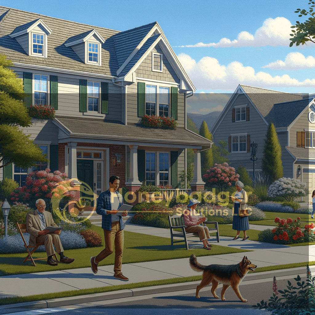 A peaceful Show Low, Arizona neighborhood with landscaped yards and homes under a sunny sky, where residents walk near community streets and gardens.