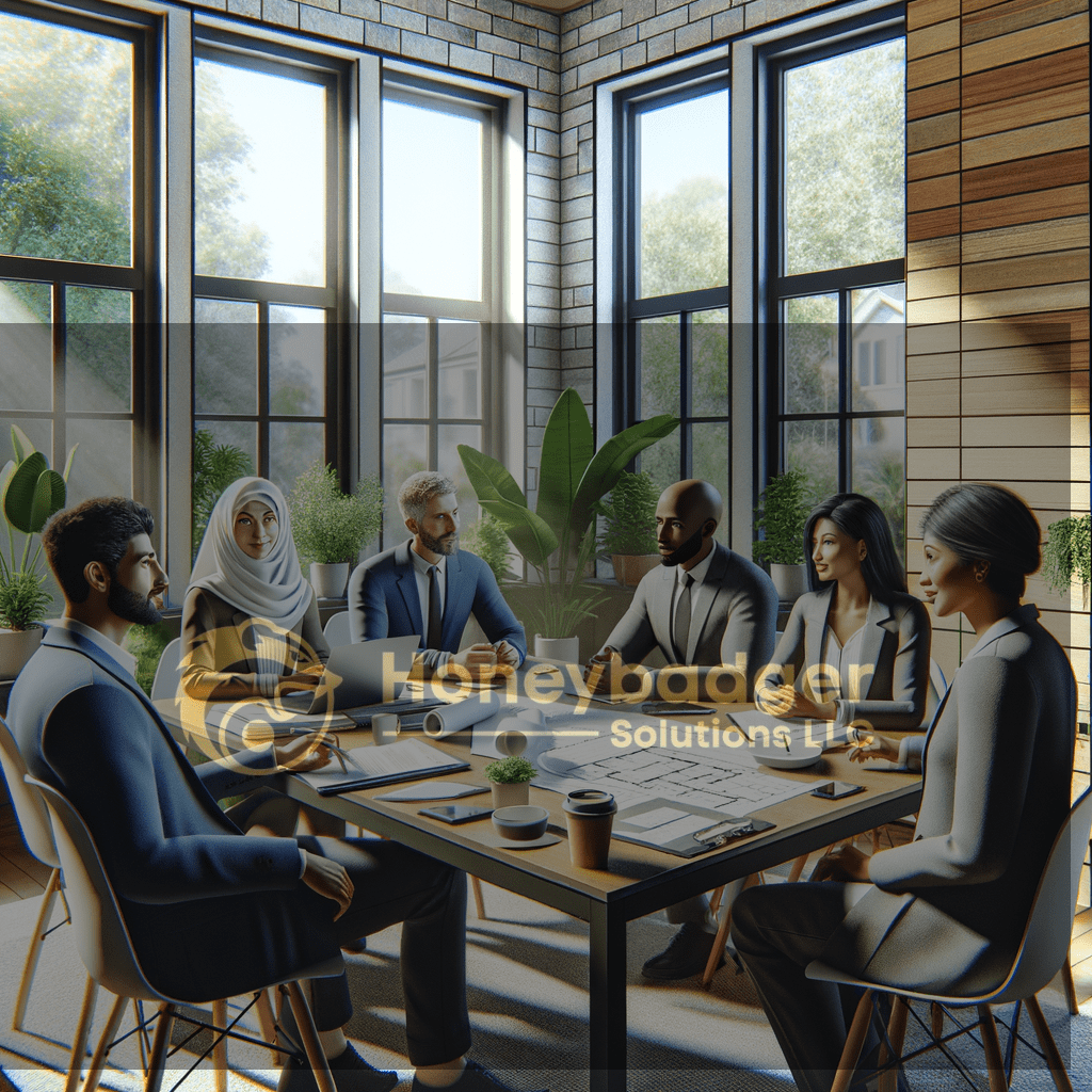 A Honeybadger Solutions LLC team meets in an office with business attire, supporting HOA security services for neighborhoods in Sells, Arizona