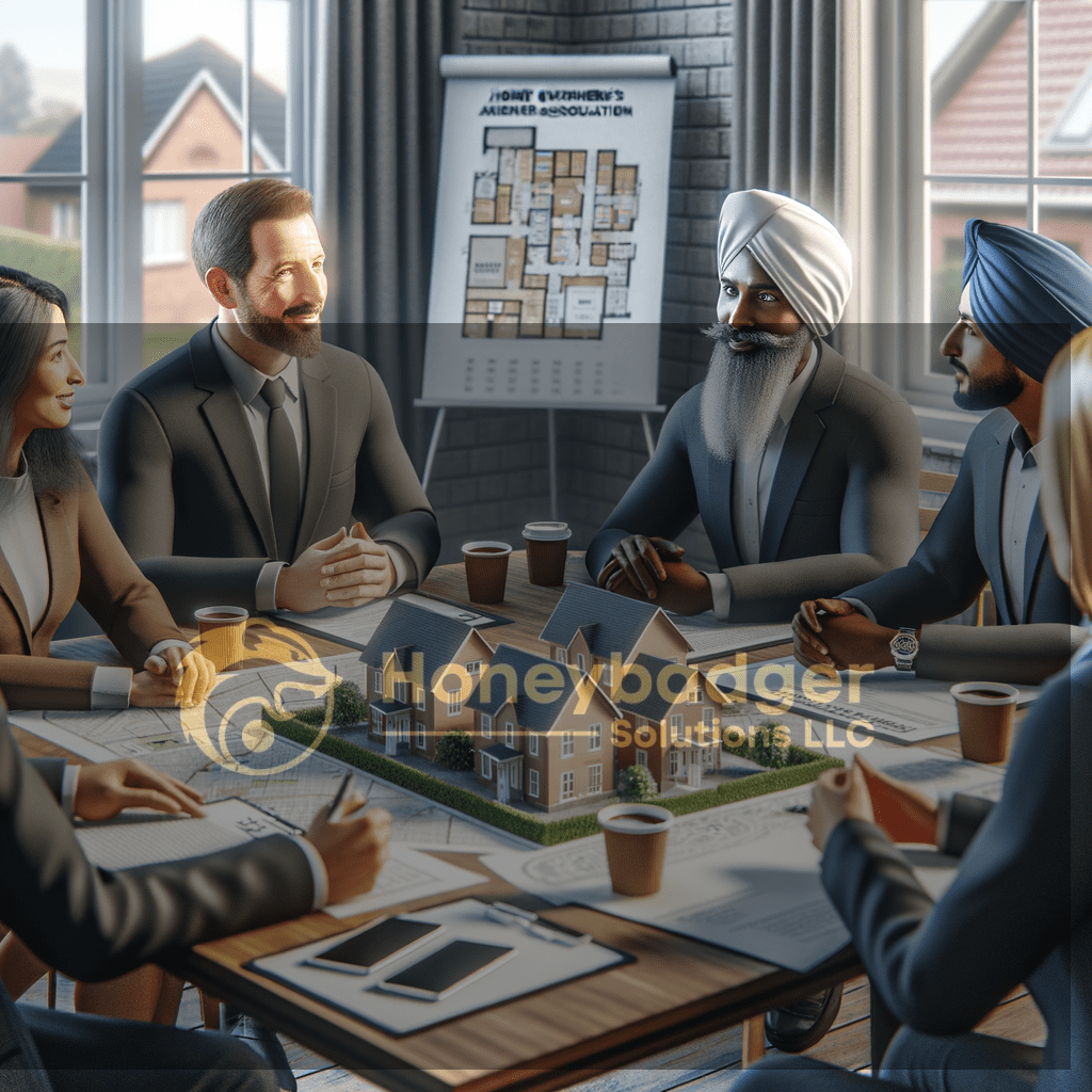 In a boardroom meeting for HOA security in Seligman, Arizona, Honeybadger Solutions LLC coordinates proactive risk mitigation with stakeholders around a property plan and coffee cups.