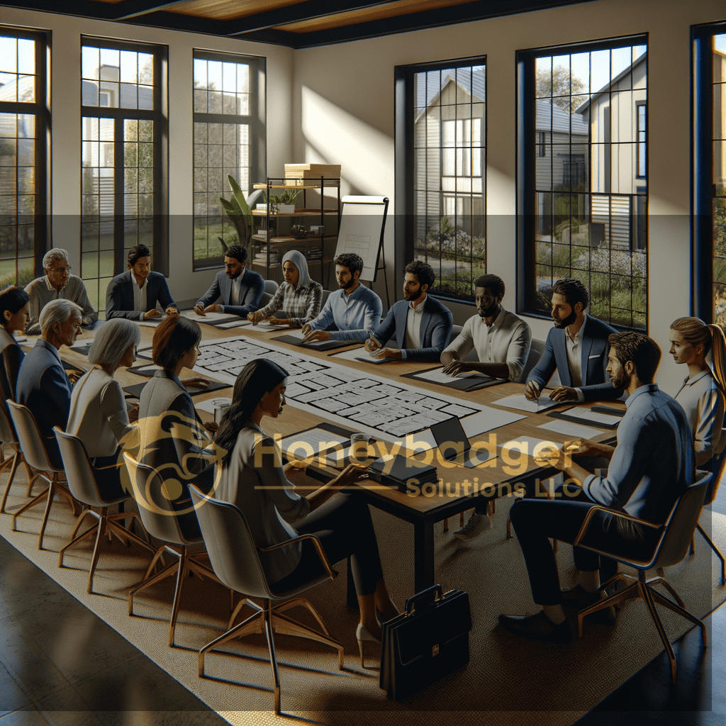 A focused HOA Security Services meeting inside a conference room in Scottsdale, Arizona, with professionals reviewing plans and documents together.