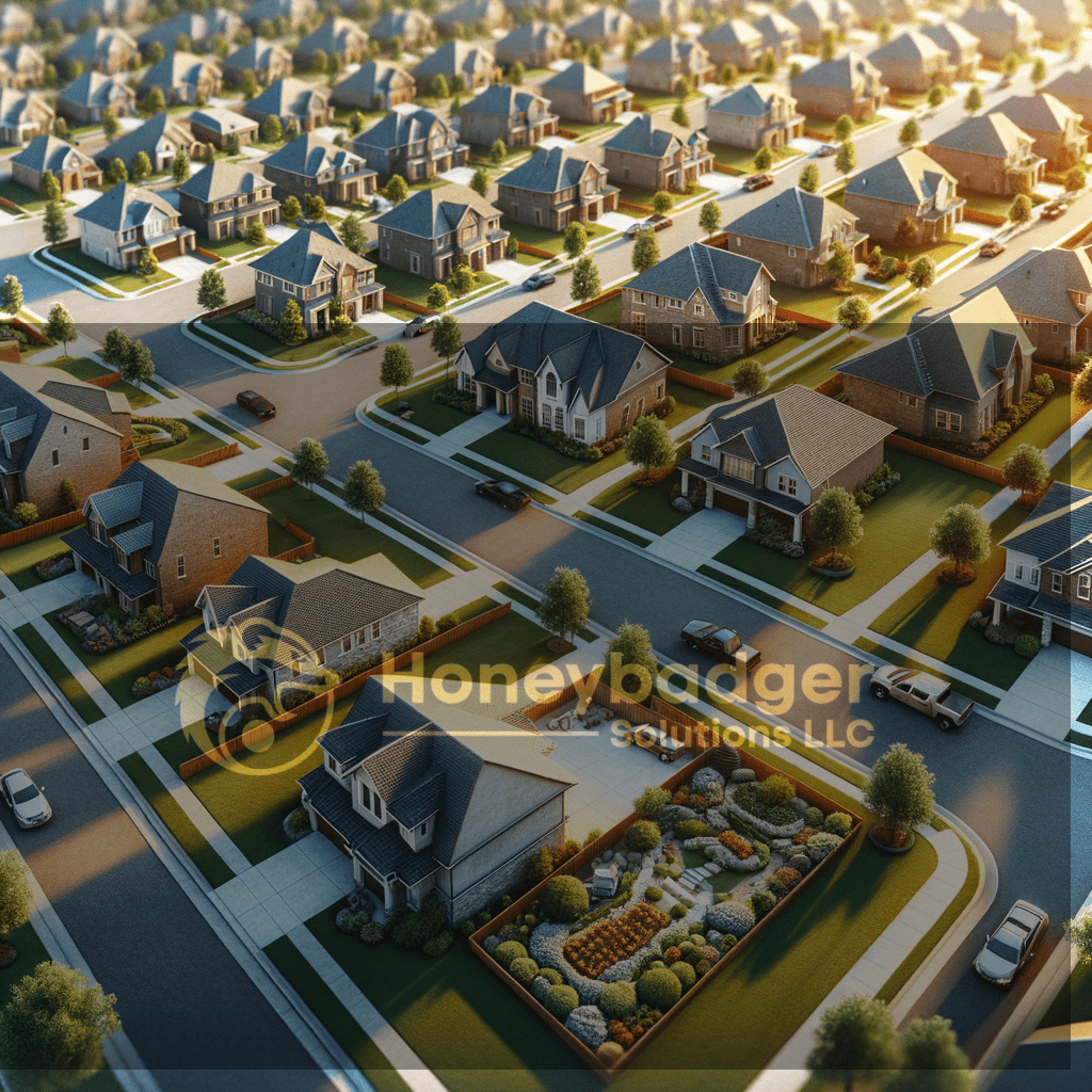 Aerial view of a suburban residential neighborhood in San Tan Valley, Arizona, with neatly arranged homes and winding roads for HOA security planning