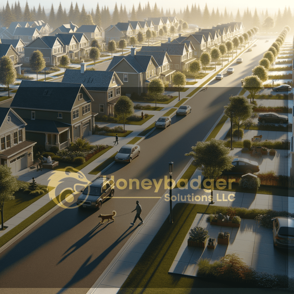 Suburban neighborhood streets in San Luis, Arizona show HOA security patrol activity by Honeybadger Solutions LLC with blue-roof homes and vehicles at sunrise.