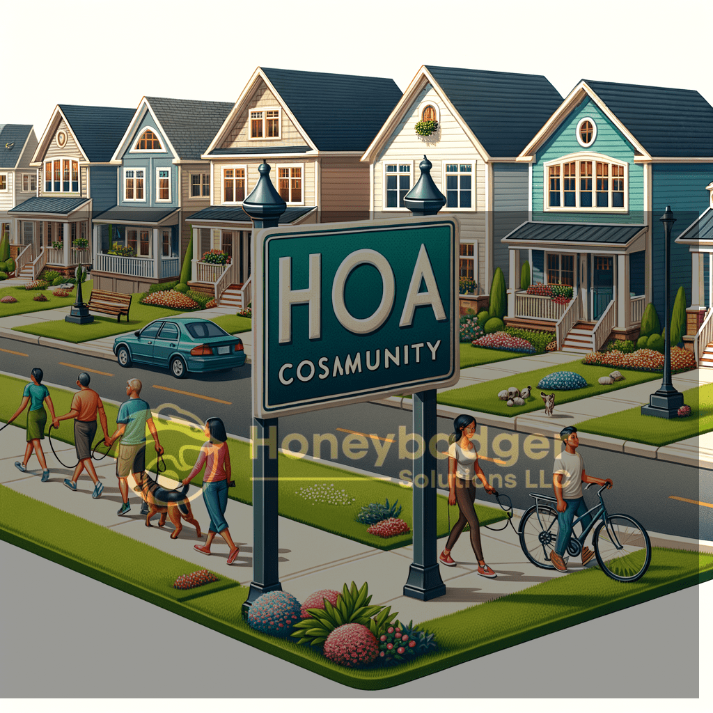 A green HOA Community sign stands by a suburban street with blue houses, while residents walk and ride bikes in Safford, Arizona.