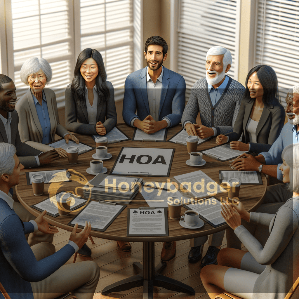HOA security services meeting in Willcox, Arizona with Honeybadger Solutions LLC branding, residents in suits, table with HOA documents and coffee cups.