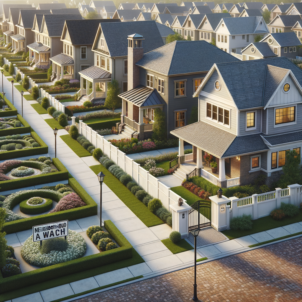 Suburban homes in Sacaton, Arizona with white fencing and blue roofs, supporting HOA security services and neighborhood vigilance.