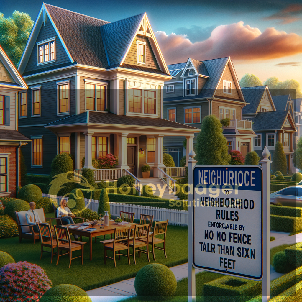 A blue HOA neighborhood rules sign stands beside suburban sunny homes, reinforcing community oversight with visible regulations and safe access messaging.