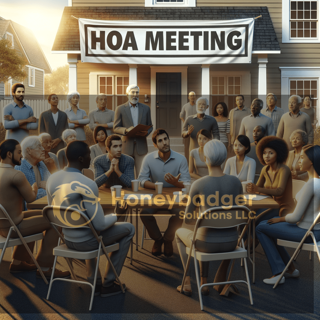 People gathered outside an HOA MEETING! banner for homeowners association community safety in Quartzsite, Arizona, with Honeybadger Solutions LLC.